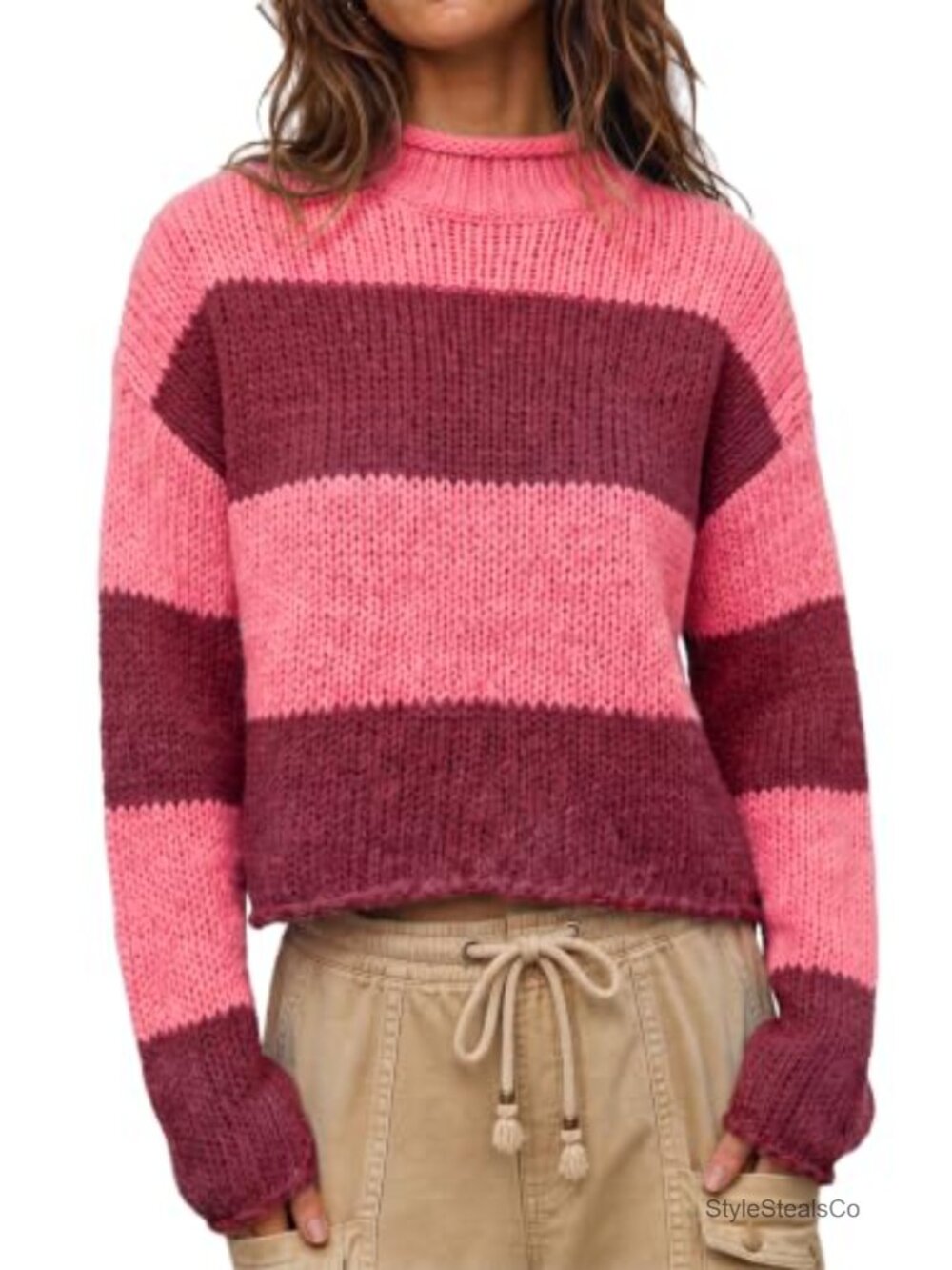 Striped Chunky Knit Sweater Rolled Mock Neck Cropped Pullover